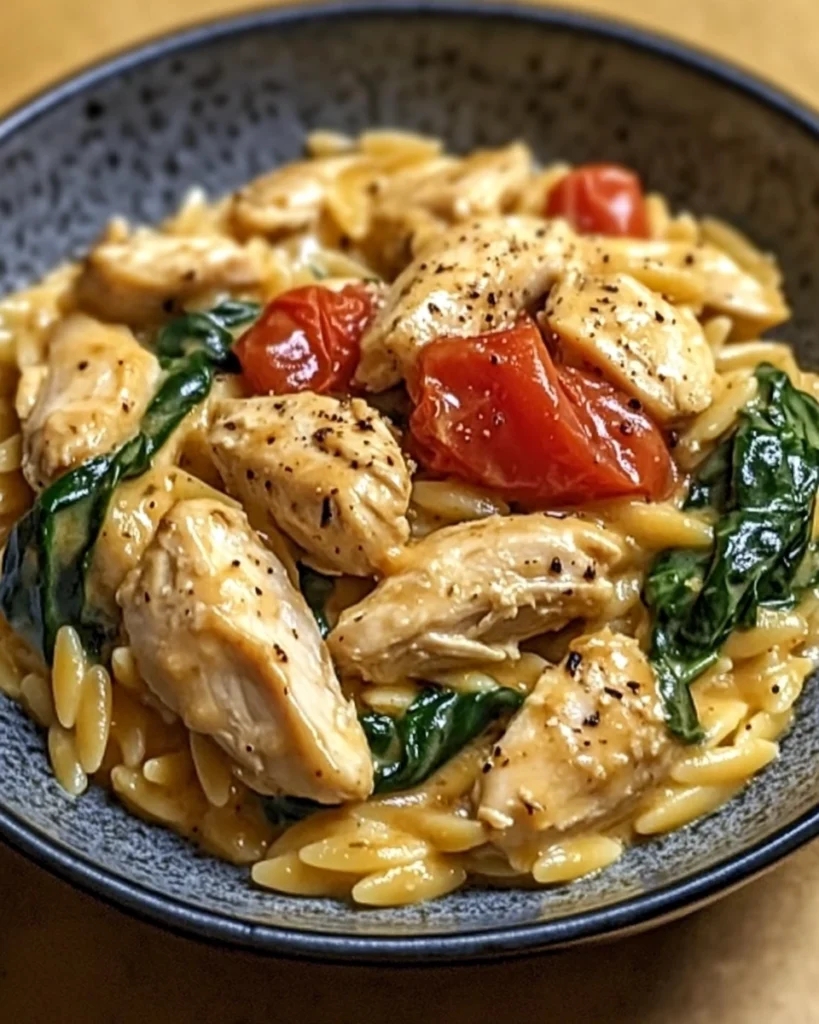 Creamy Chicken Orzo with Spinach and Tomatoes