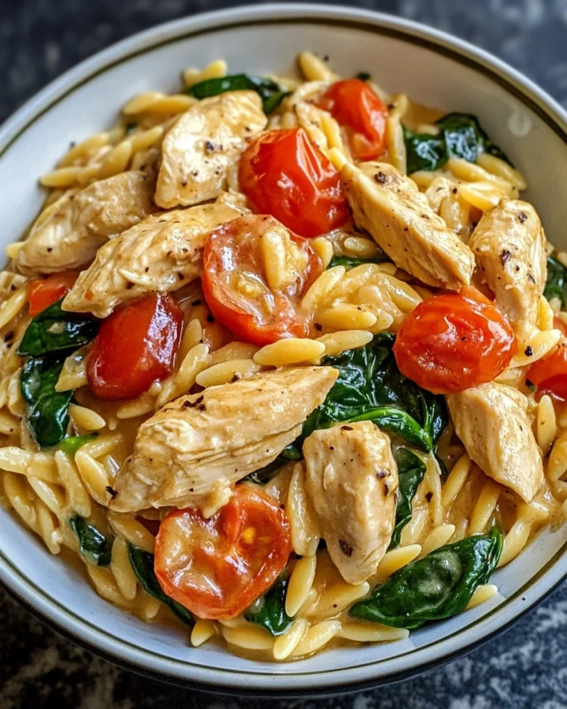 Creamy Chicken Orzo with Spinach and Tomatoes