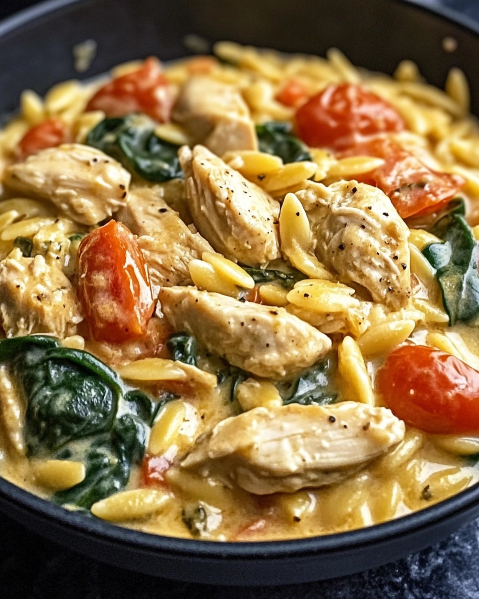 Creamy Chicken Orzo with Spinach and Tomatoes