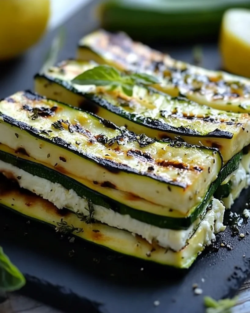 Grilled Zucchini Millefeuille with cheese, fresh herbs