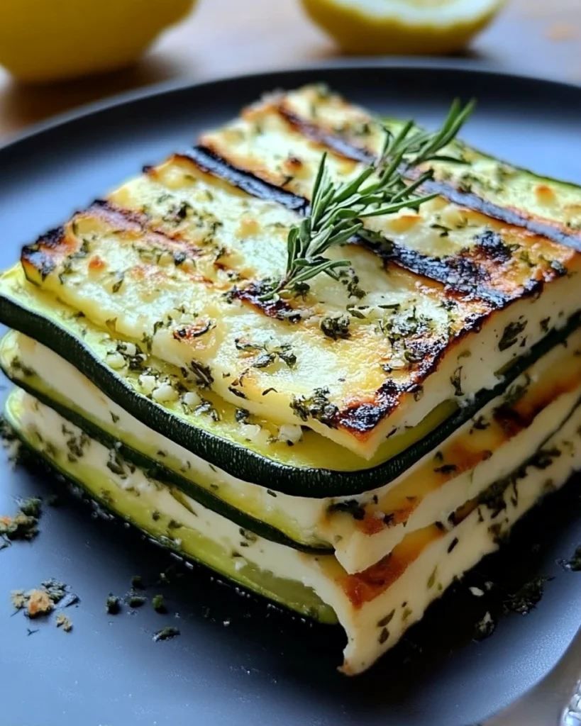 Grilled Zucchini Millefeuille with cheese, fresh herbs