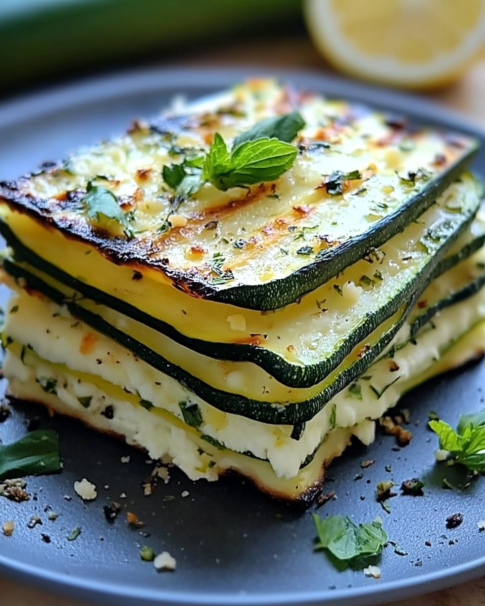 Grilled Zucchini Millefeuille with cheese, fresh herbs