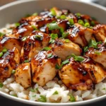 Close-up of Honey Chipotle Chicken and Rice in a bowl with garnished herbs