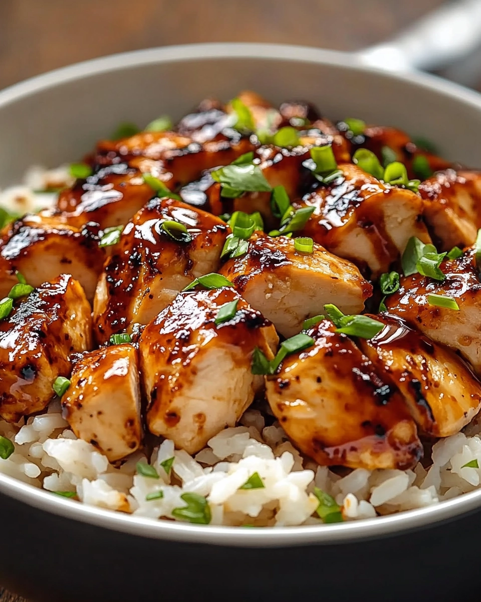 Close-up of Honey Chipotle Chicken and Rice in a bowl with garnished herbs