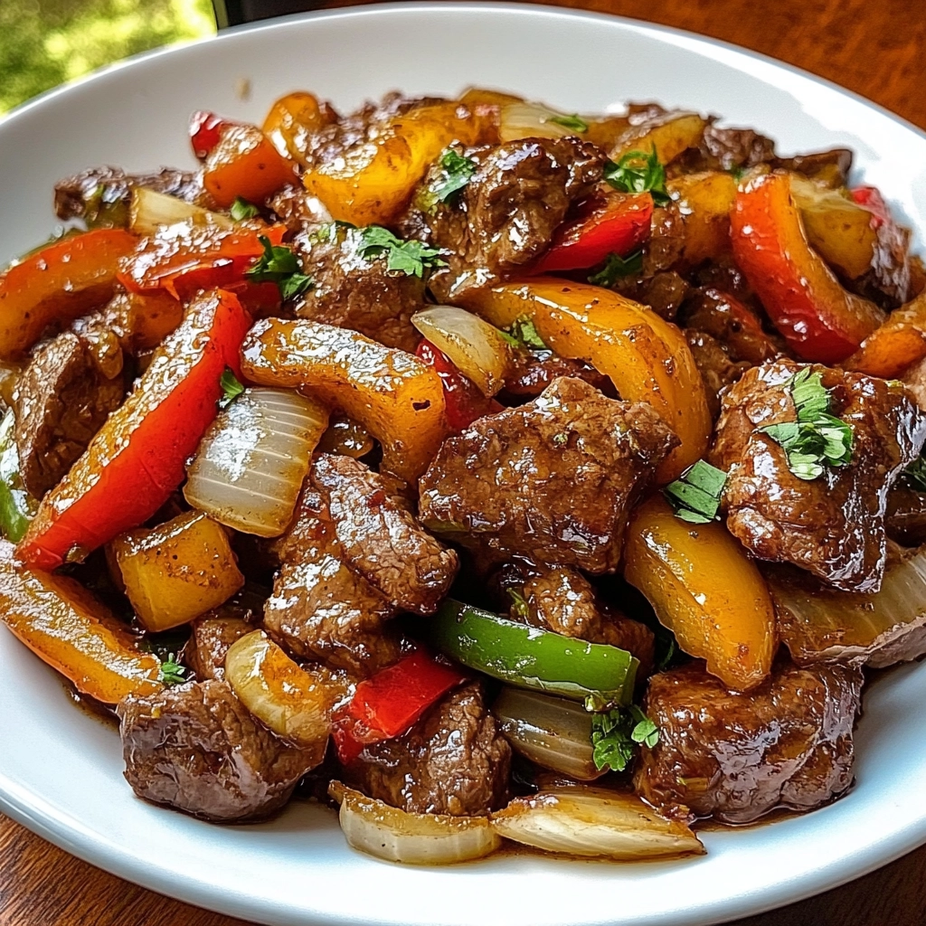 Chuck steak prepared for pepper steak with bell peppers and onion