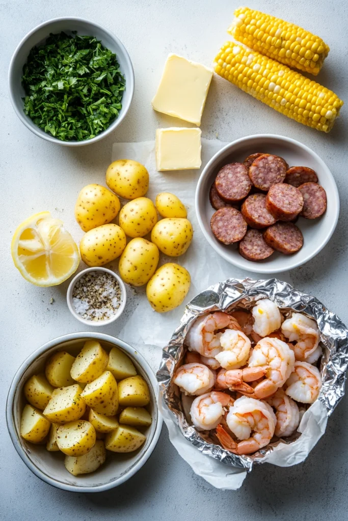 Shrimp, Corn, Potatoes, and Smoked Sausage Foil Pack recipe