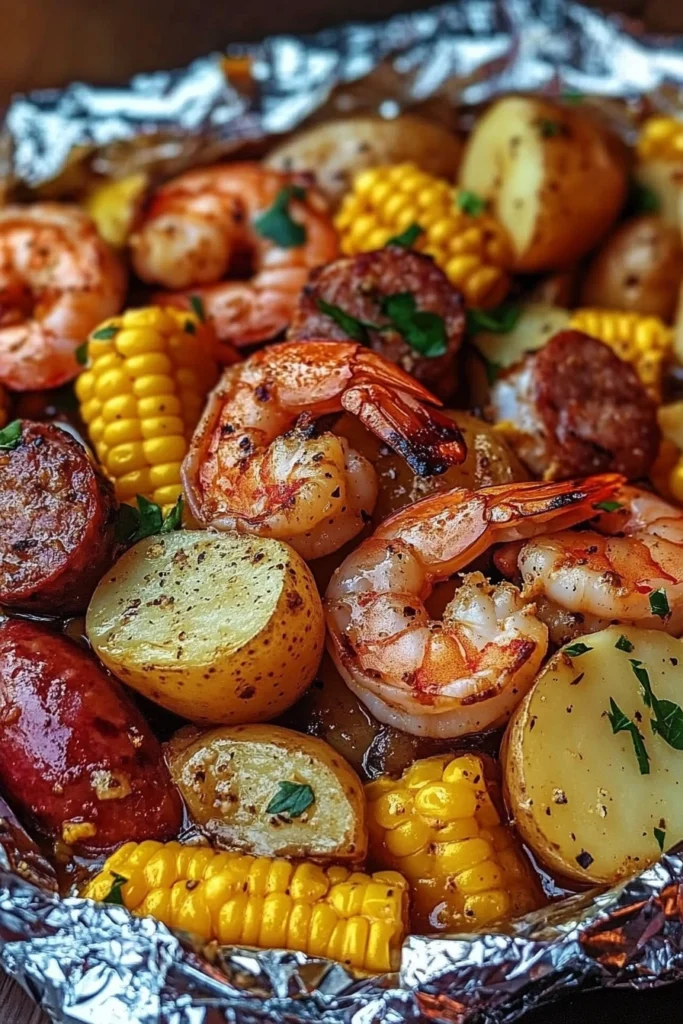 Shrimp, Corn, Potatoes, and Smoked Sausage Foil Pack recipe