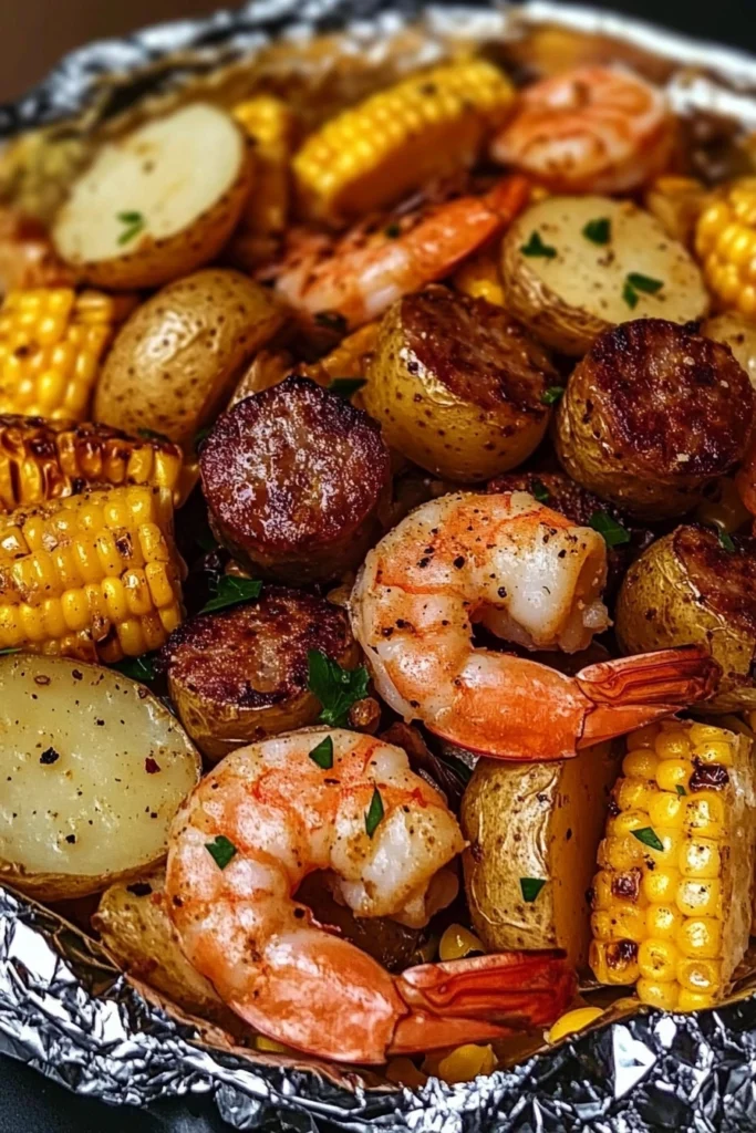 Shrimp, Corn, Potatoes, and Smoked Sausage Foil Pack recipe