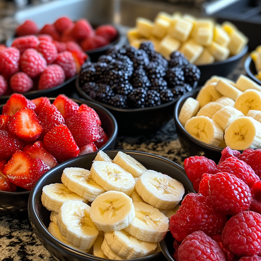 Bowls of fruit for assembling 4th of July kabobs