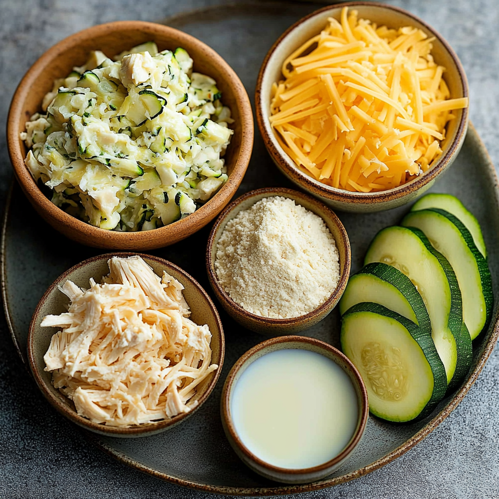 Ingredients for chicken, cheese, and zucchini muffins