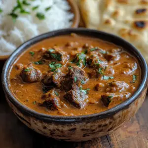 beef and coconut curry slow cooker in ceramic bowl with rice and naan