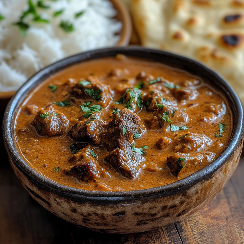 beef and coconut curry slow cooker in ceramic bowl with rice and naan