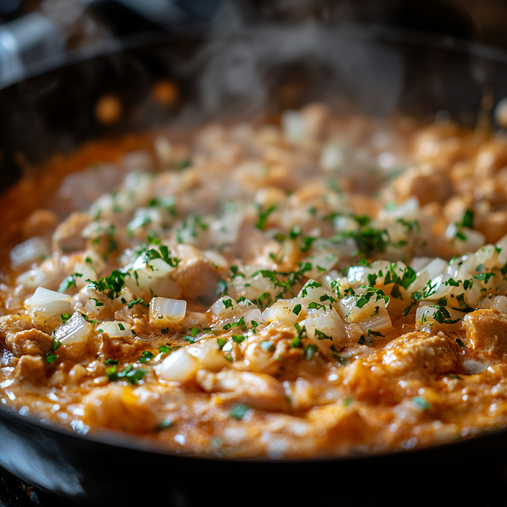 Chicken simmering in red curry coconut sauce