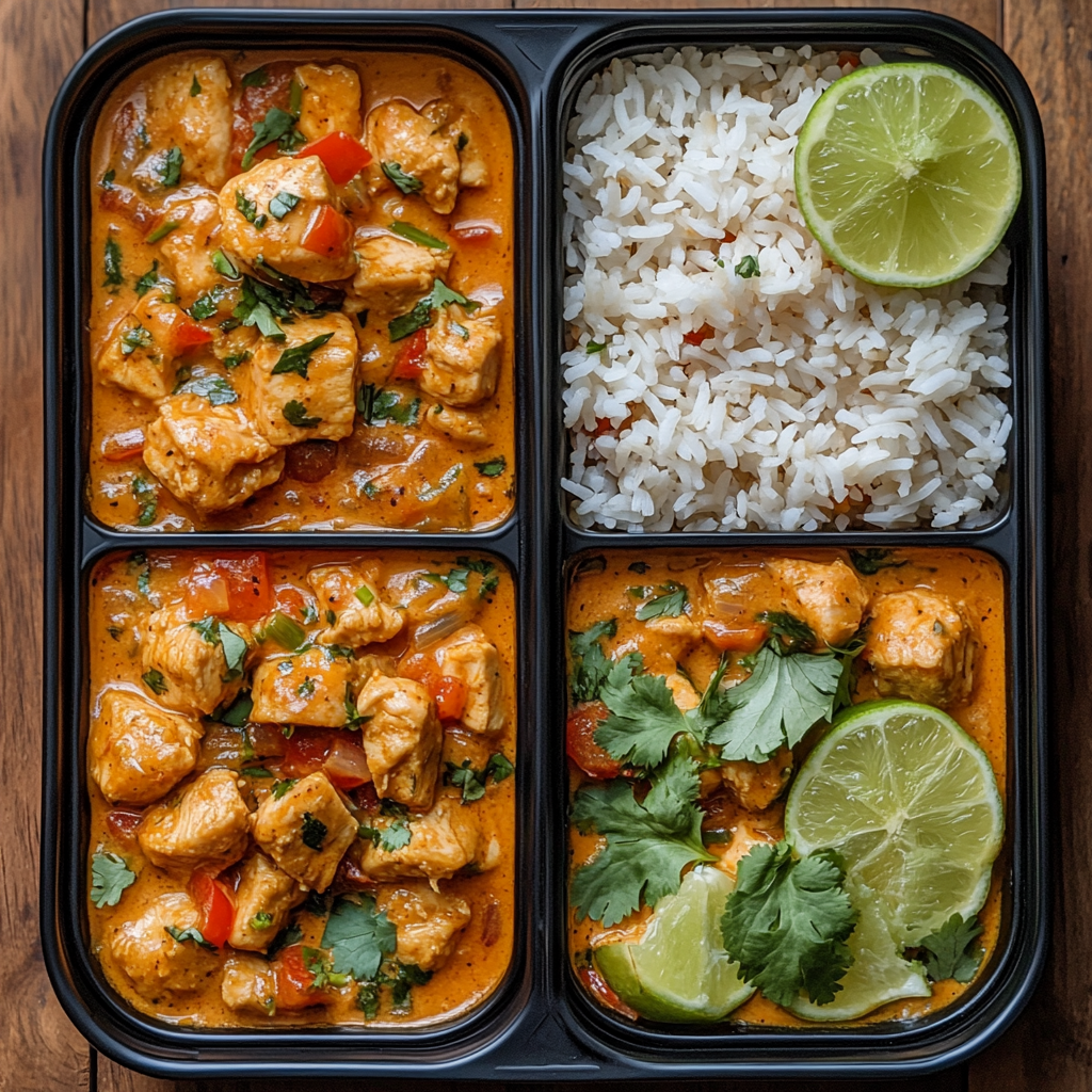 Leftover Thai chicken coconut curry in glass meal prep containers