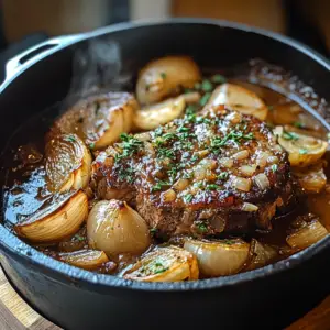 Savory French onion pot roast in Dutch oven with herbs