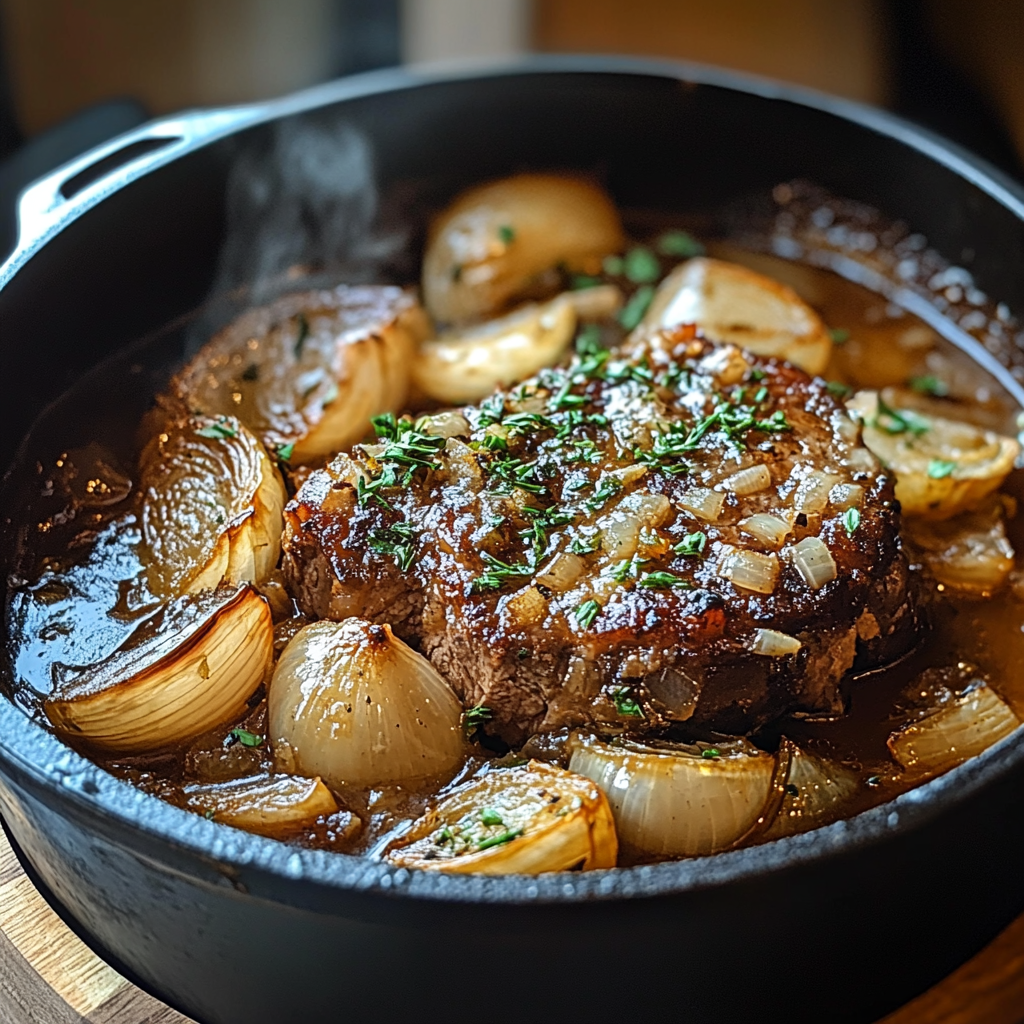Savory French onion pot roast in Dutch oven with herbs