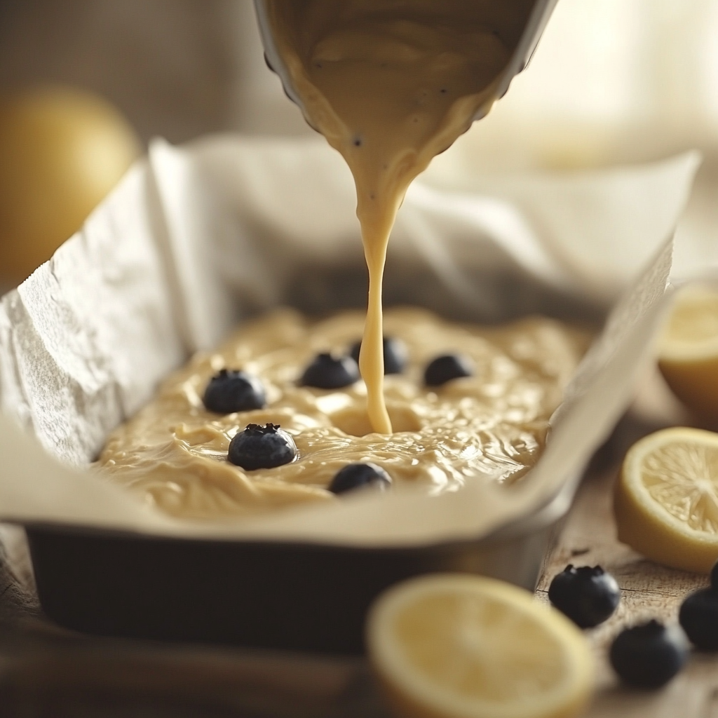 Lemon blueberry batter being poured into loaf pan
