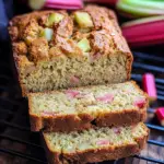 Freshly baked rhubarb bread recipe with visible rhubarb chunks