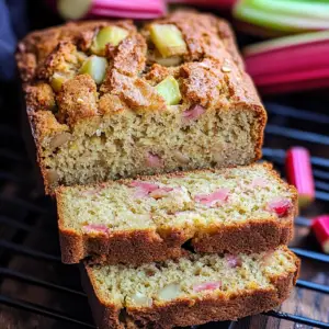 Freshly baked rhubarb bread recipe with visible rhubarb chunks