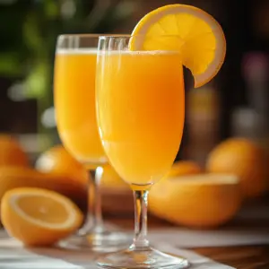 POG Juice Mimosas in flutes with orange garnish