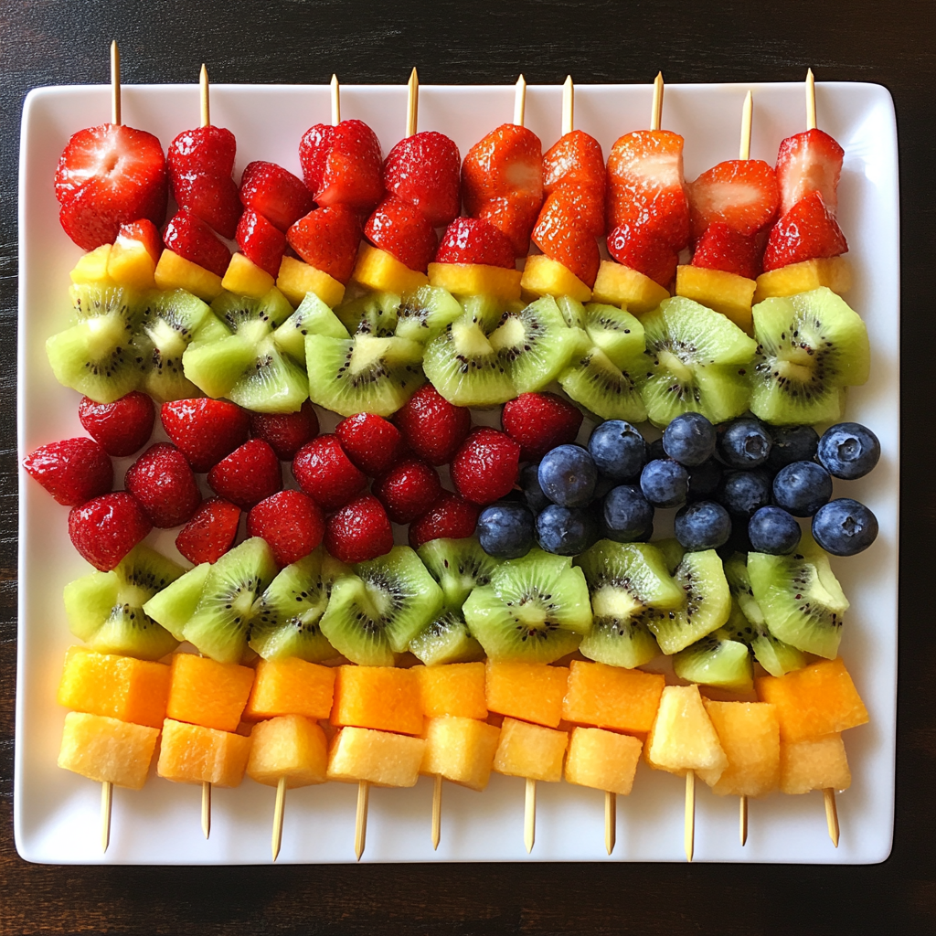 Kids making 4th of July fruit kabobs