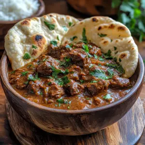 Slow Cooker Indian Beef Curry served with naan and rice