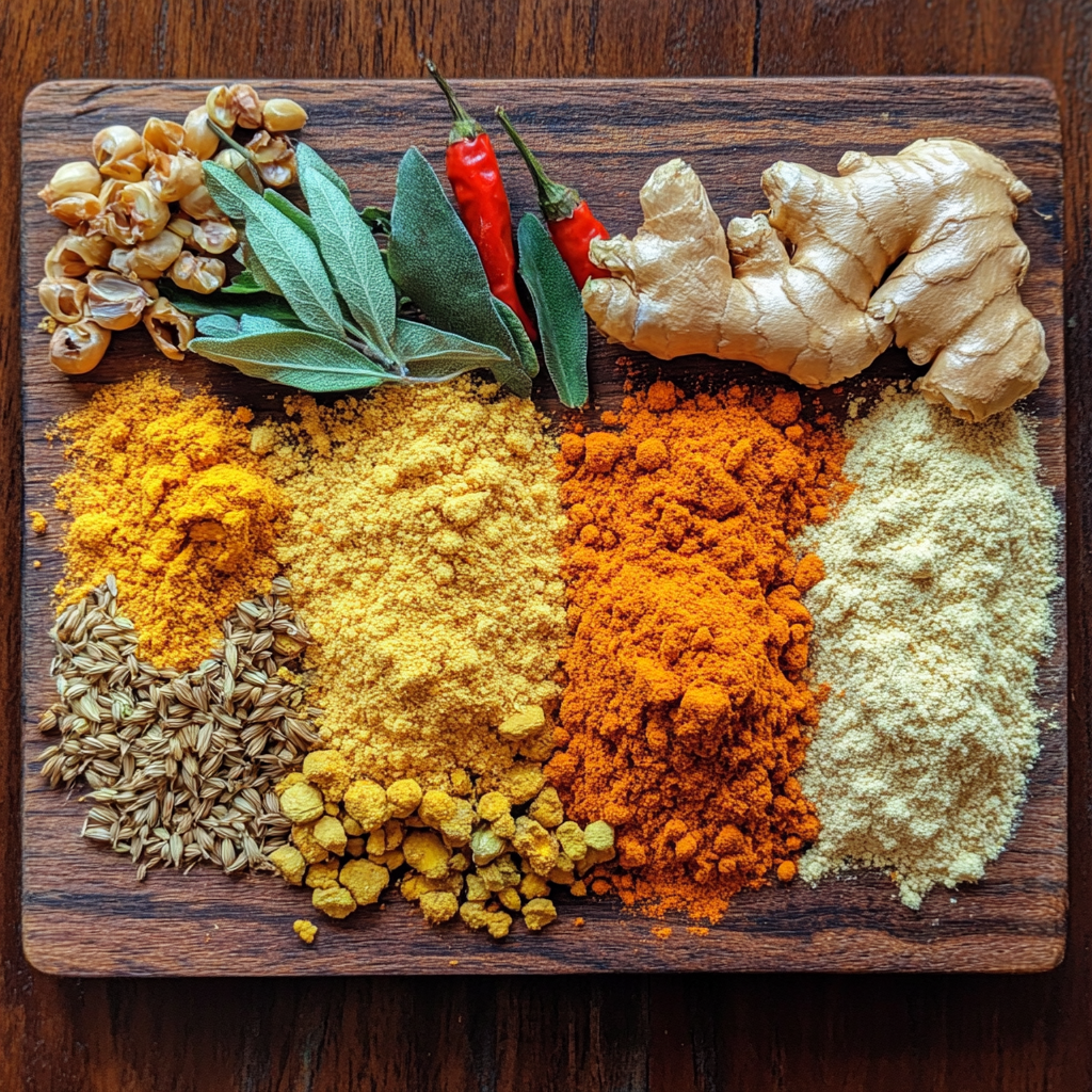Indian curry spices including turmeric, cumin, coriander