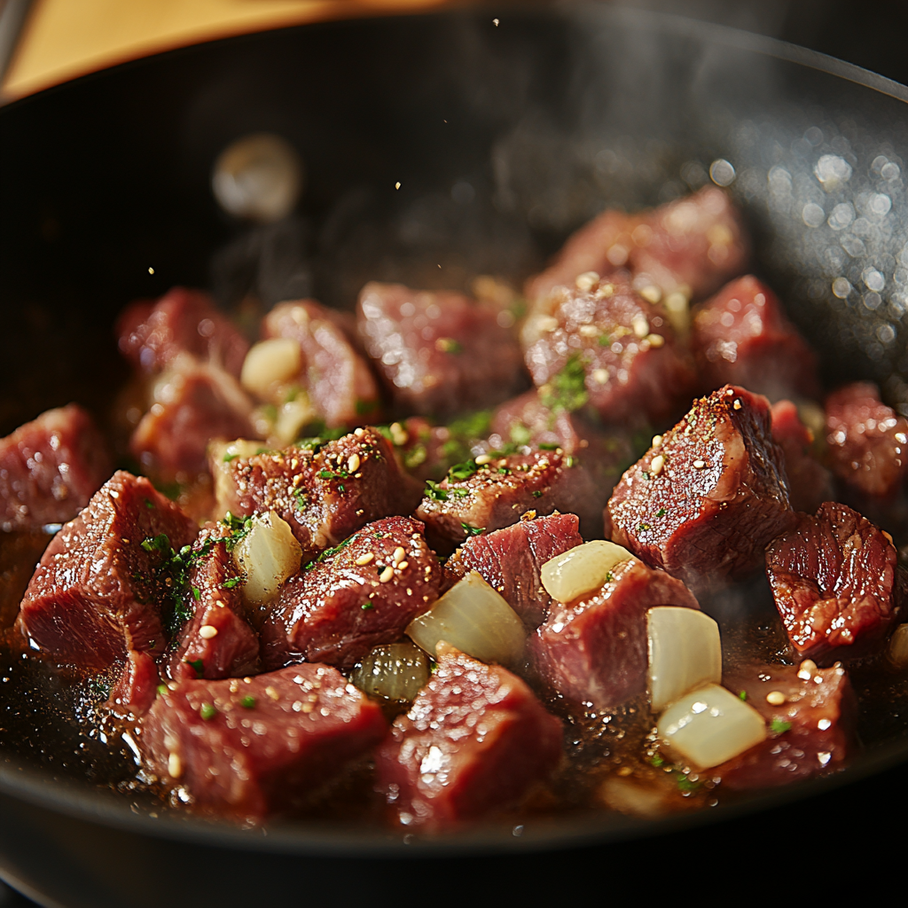 Browning beef with spices for slow cooker Indian curry