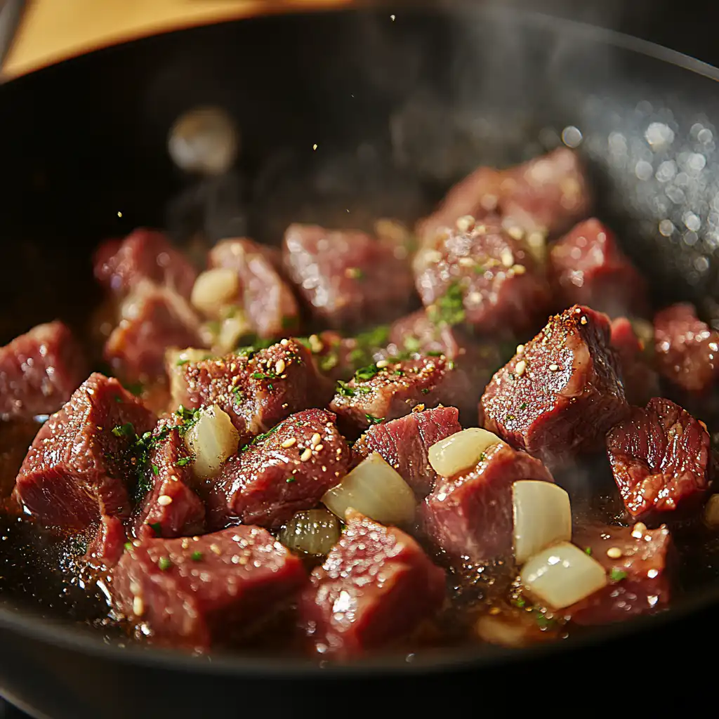 Browning beef with spices for slow cooker Indian curry