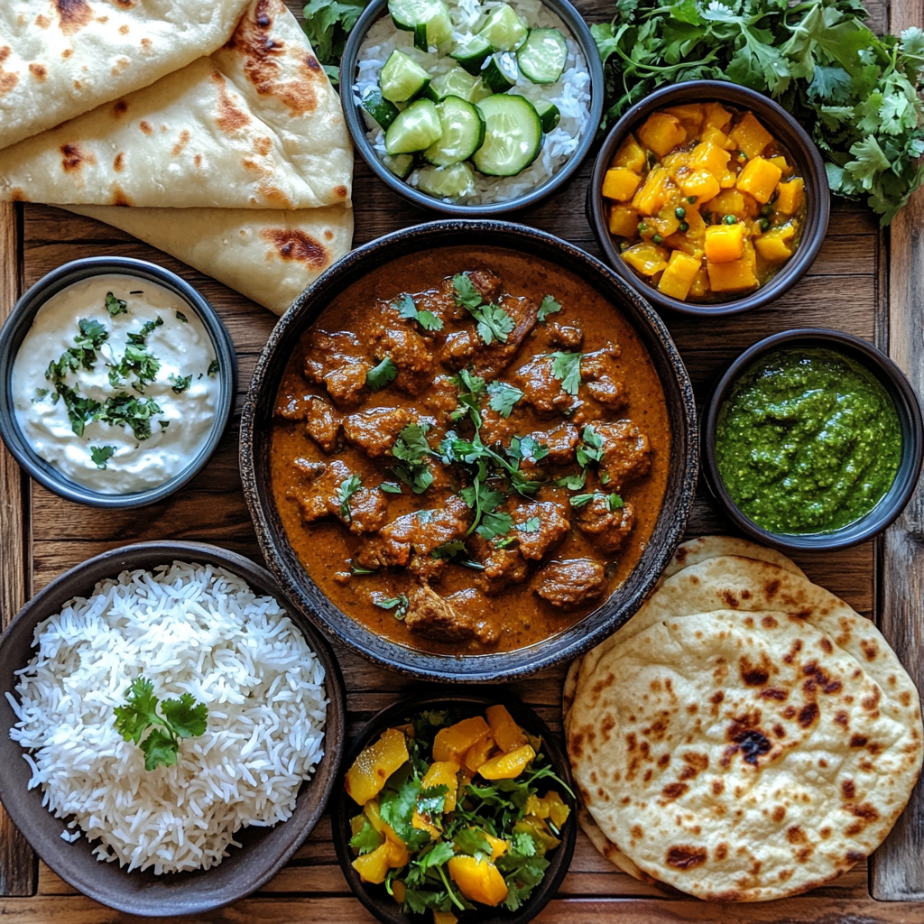 Indian beef curry with rice and sides