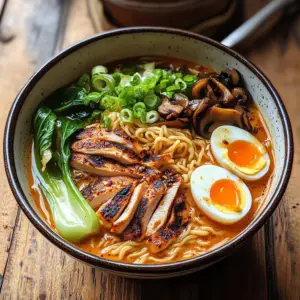 Grilled chicken being placed on Peanut Miso Chicken Ramen