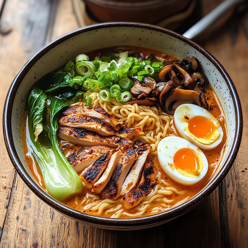 Grilled chicken being placed on Peanut Miso Chicken Ramen