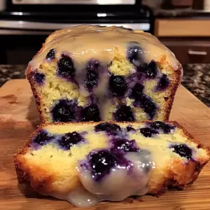 Sliced lemon blueberry loaf with glaze on a cutting board