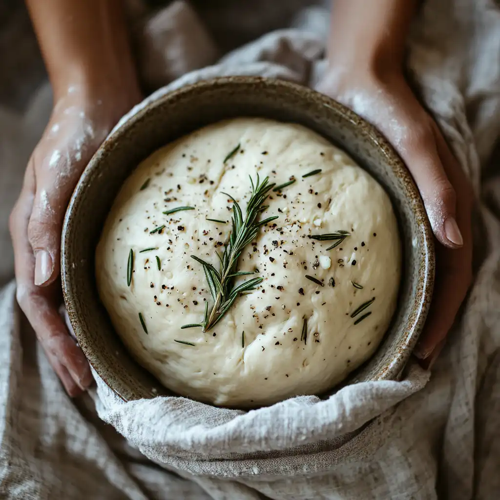 Bread dough with garlic and rosemary rising in bowl