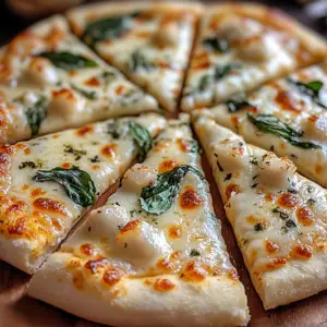 White Garlic Bliss Pizza Recipe close-up with creamy sauce and cheese