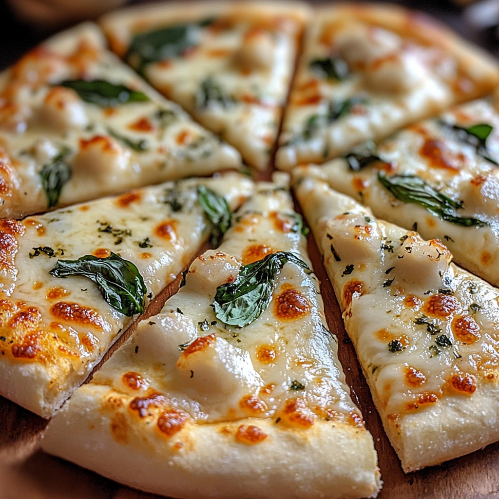 White Garlic Bliss Pizza Recipe close-up with creamy sauce and cheese