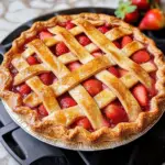 Strawberry rhubarb pie with golden crust and fresh filling