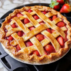Strawberry rhubarb pie with golden crust and fresh filling