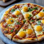 Breakfast pizza with eggs, cheese, and bacon