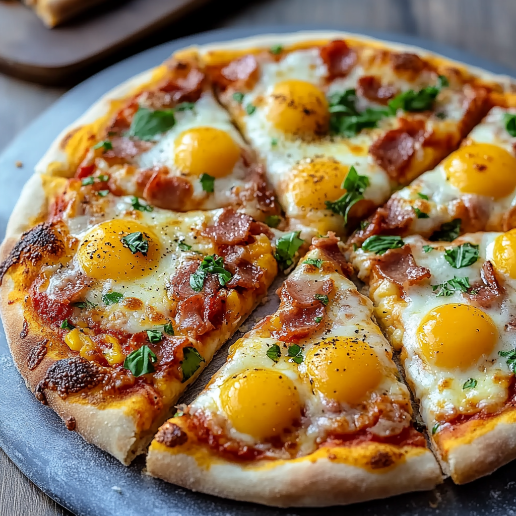 Breakfast pizza with eggs, cheese, and bacon