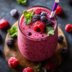 Mixed berry smoothie in glass with chia seeds