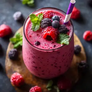 Mixed berry smoothie in glass with chia seeds