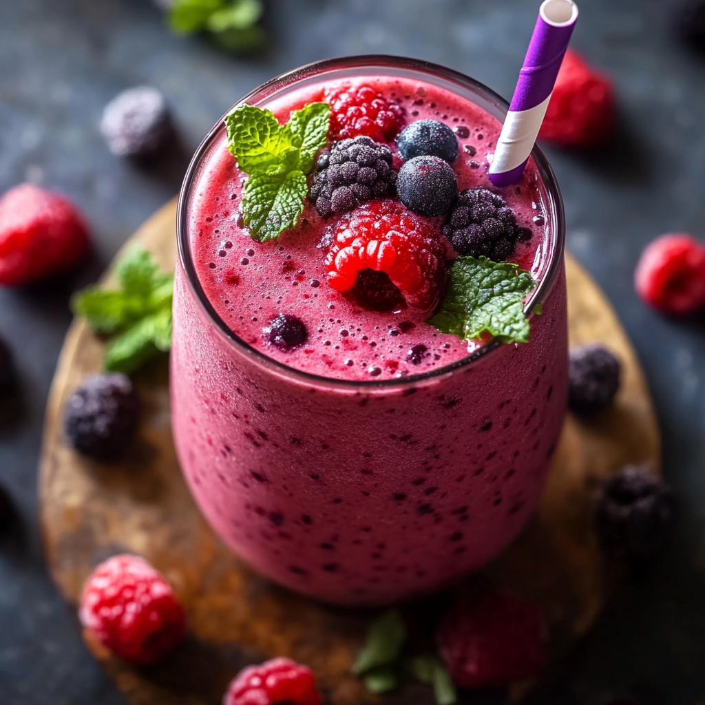 Mixed berry smoothie in glass with chia seeds