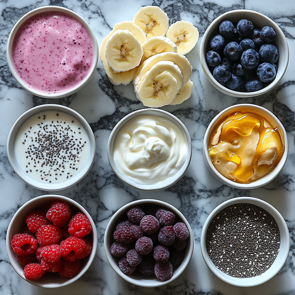 Mixed berry smoothie ingredients on counter