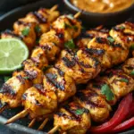 Chicken satay skewers with easy peanut sauce on rustic wooden table