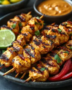 Chicken satay skewers with easy peanut sauce on rustic wooden table
