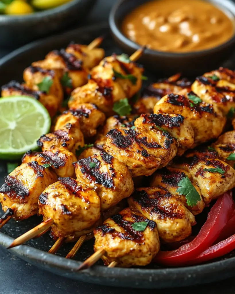 Chicken satay skewers with easy peanut sauce on rustic wooden table