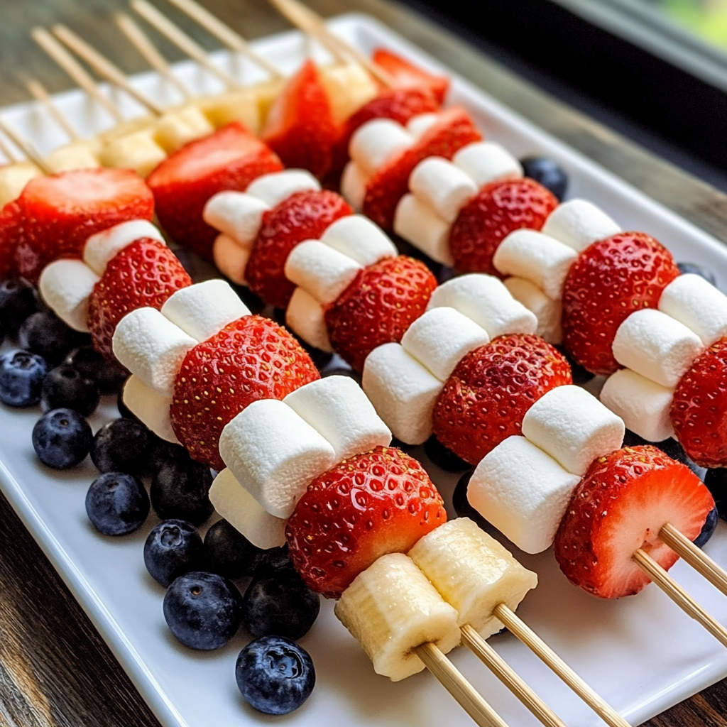 4th of July fruit kabobs with strawberries, bananas, and blueberries