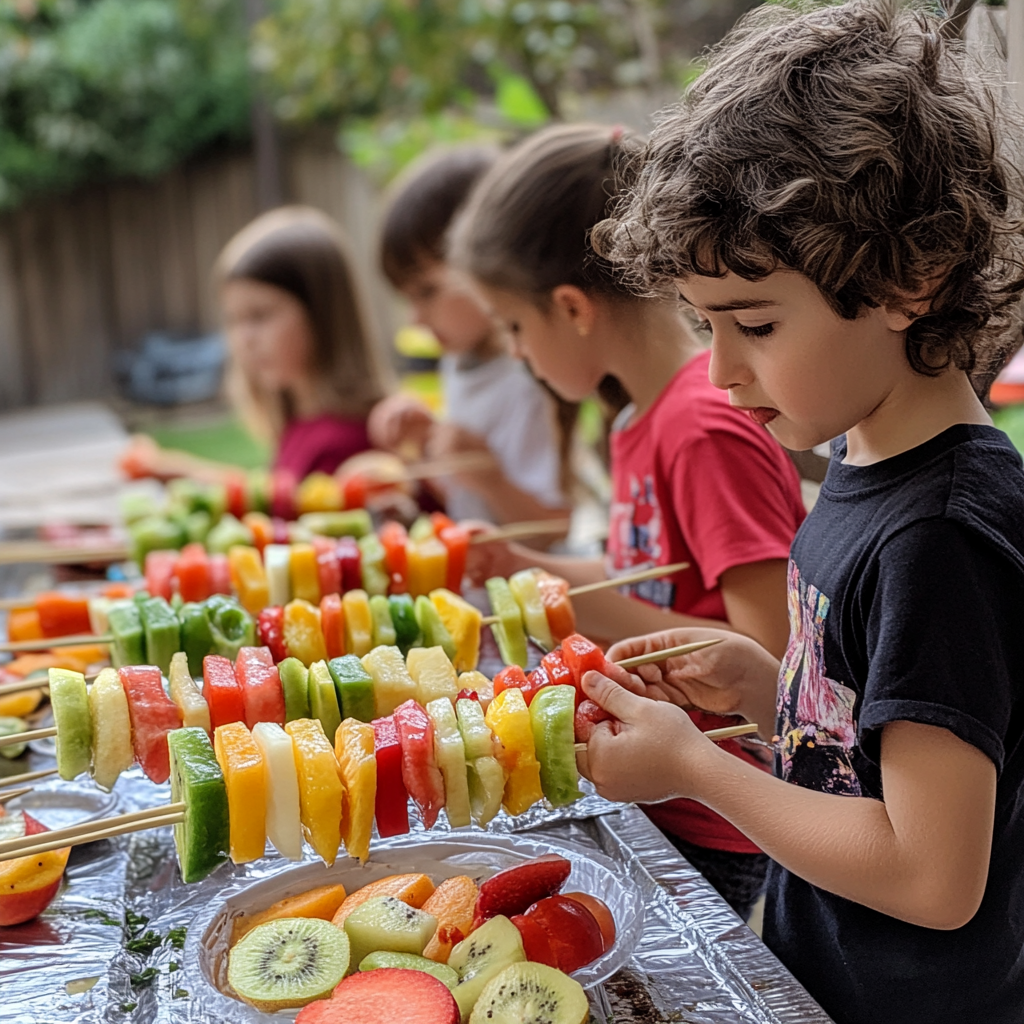 4th of July fruit kabobs arranged like a flag