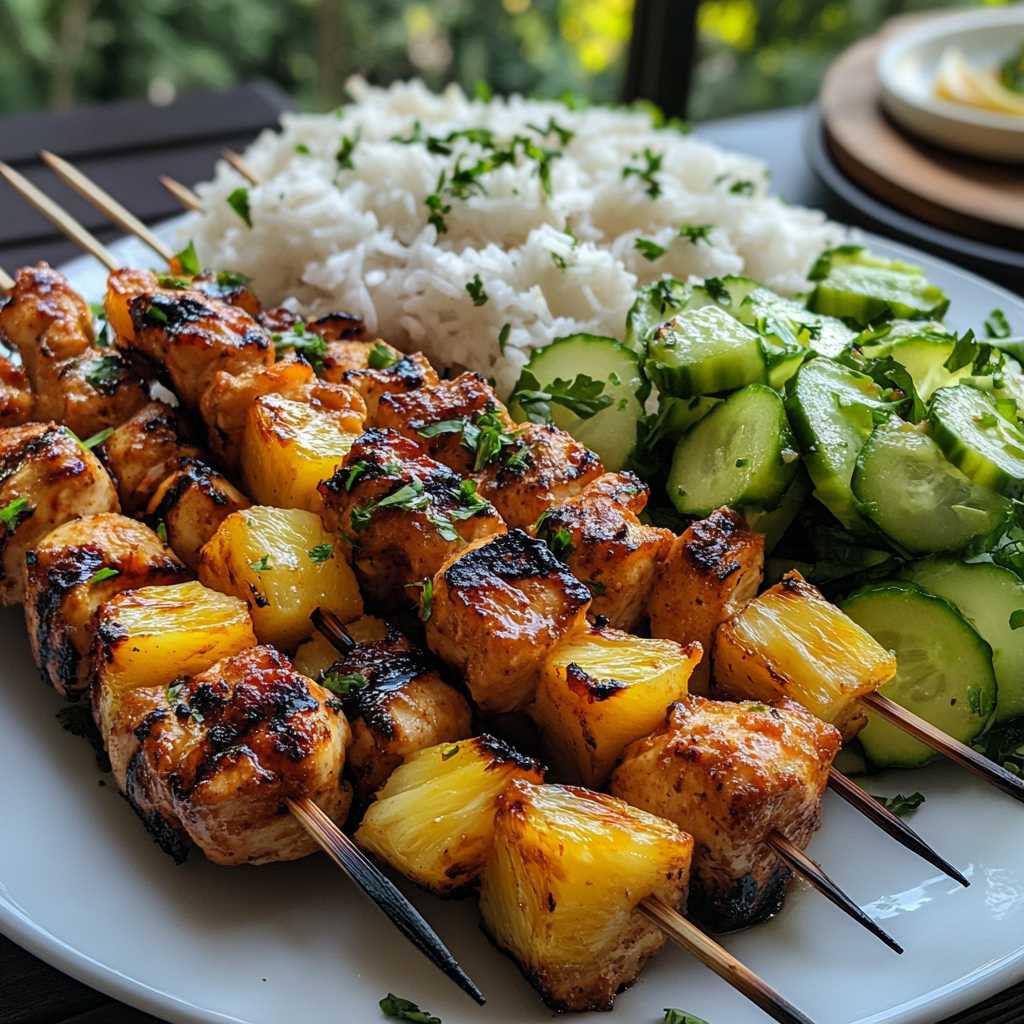Served Pineapple Chicken Kabobs with Sides